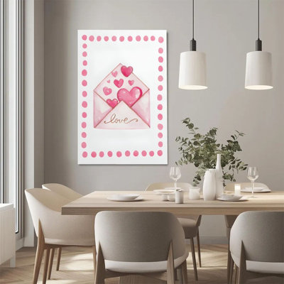 2D Flat, 1Pc Framed Canvas Wall Art, Love Envelope, Pink Heart, Watercolor Hand-Painted Style Art Print Canvas Poster Painting Room Wall Decor, Ideal