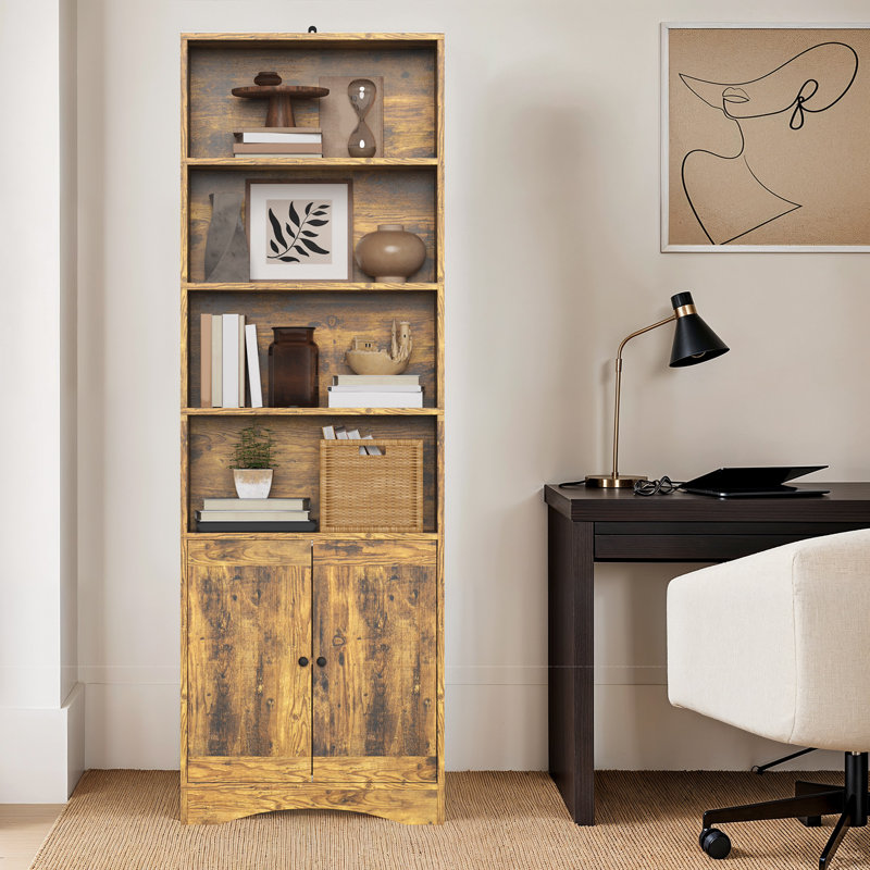 Bibliothèque en bois massif H 70,8 "x l 23,6", 5 tablettes réglables et portes d'armoire, Brun