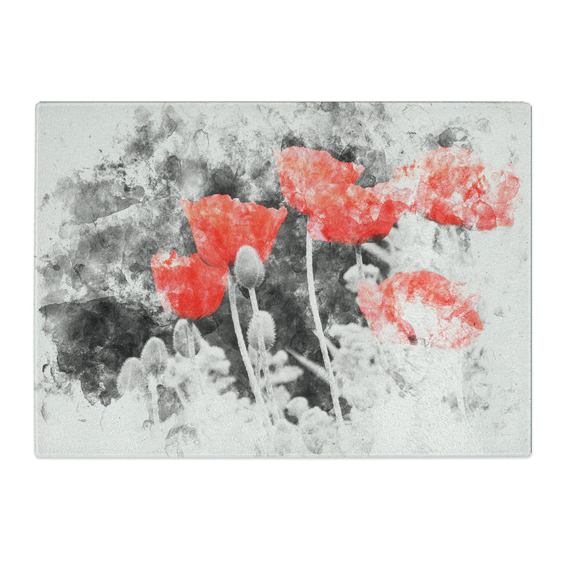 Tempered Glass Red Poppy Field Chopping Board, 20 cm x 28.5 cm