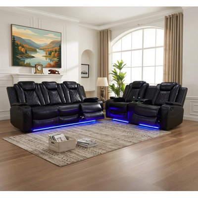 Ensemble de 2 fauteuils inclinables électriques en cuir matelassés avec console et ports USB, éclairage DEL, station de recharge sans fil (ensemble de 2)