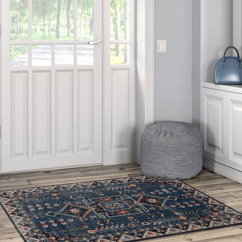 Alburnett Machine Washable Teal and Ivory Area Rug, Rectangle 3' x 5'