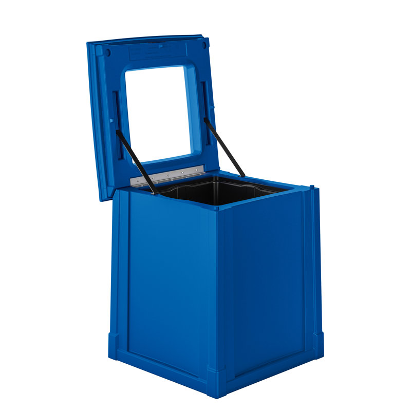 Poubelle d'extérieur en plastique avec dessus ouvert de l 28,5 po x P 28,5 po Suncast, fabriquée aux États-Unis, Bleu