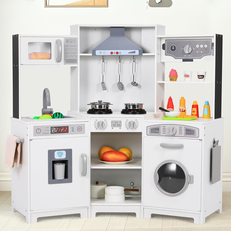 Corner Play Kitchen With Light And Sound, Wooden Doll's Kitchen For Children, 102 X 30 X 92 Cm, Children's Kitchens With Kitchen Accessories, White, Toy For Children From 3 Years
