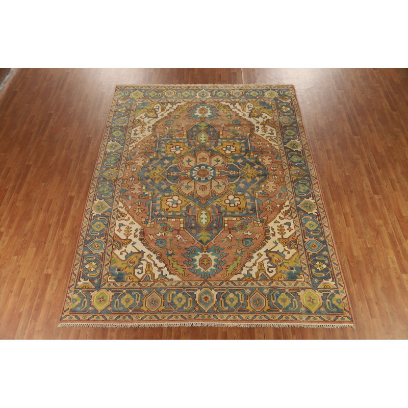 Tapis indien pastel en laine bleu pastel traditionnel 9 x 12