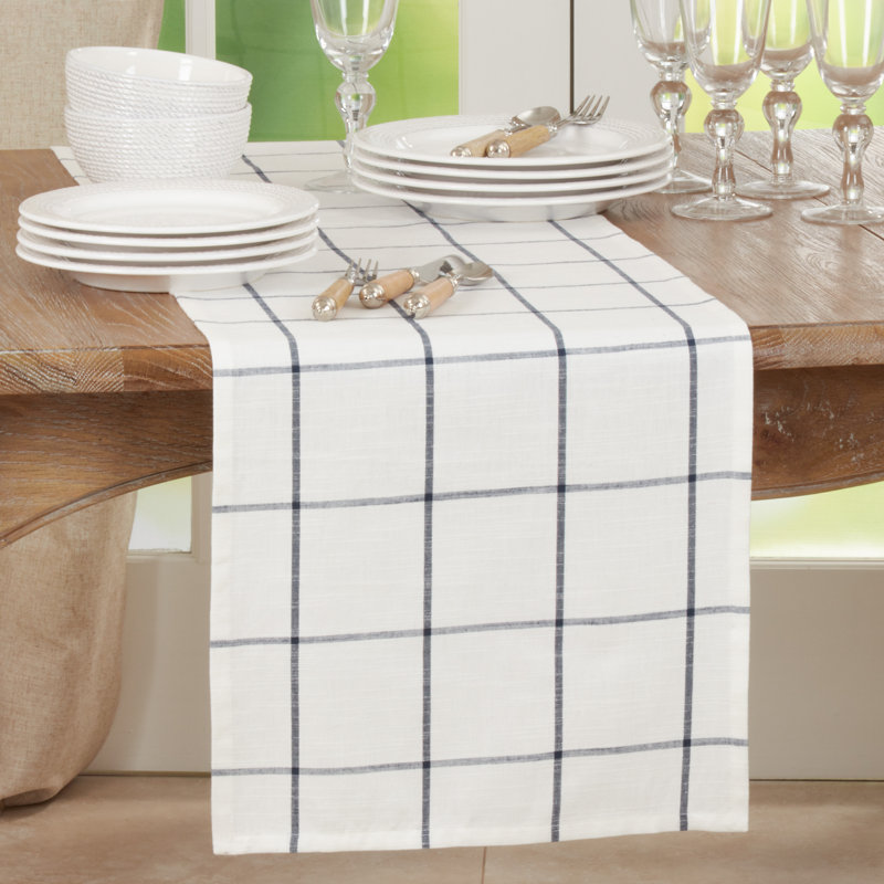 Yvelines Plaid 100% Cotton Table Runner, White