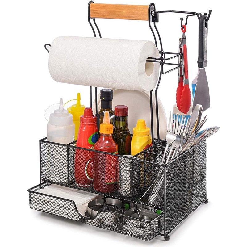 Black Mesh Metal BBQ Utensil Caddy with Wooden Handle