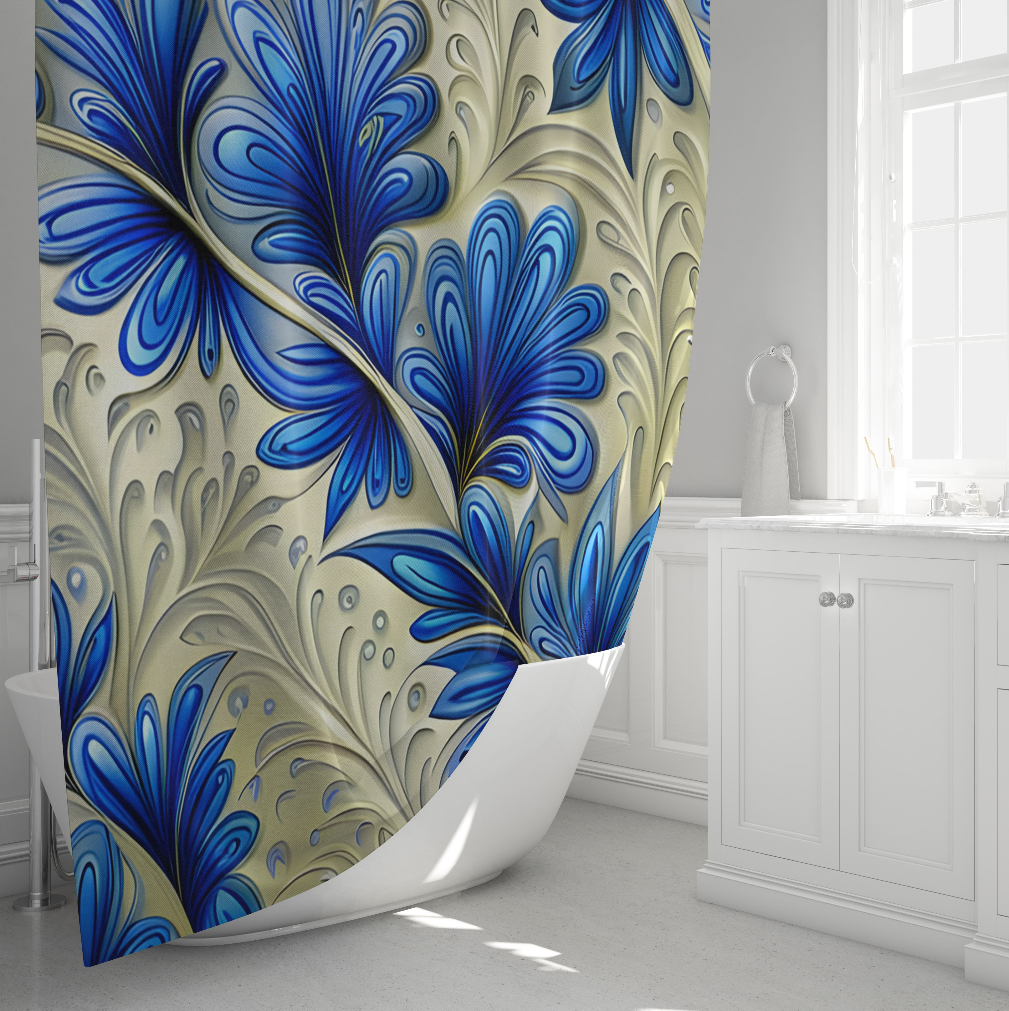 Rideau De Douche Vintage Motif Floral Art Nouveau - Tissu Polyester Imperméable 183x183 Cm Avec Crochets - 4
