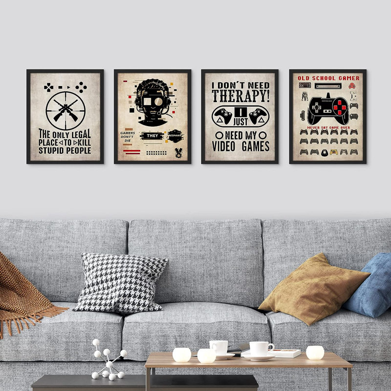 Affiche rétro de jeu vidéo, impression de 4 pièces, Cadre noir, H 14 po x l 11 po x P 1 po
