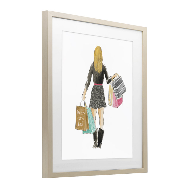 Fille avec sacs à provisions, reproduction encadrée sous verre, design par Lanie Loreth, H 21 po x l 17 po