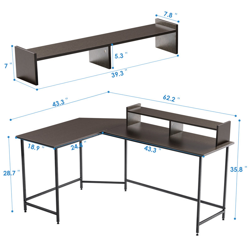 L-Shape Corner Writing Desk with with Monitor Stand, Ebony/Black