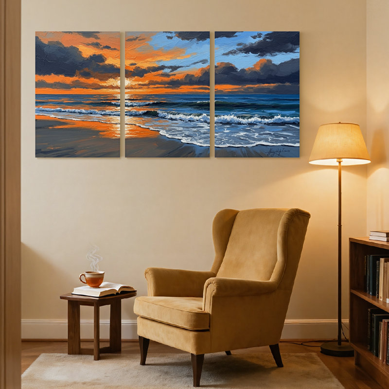 Nautique et plage, océan, coucher de soleil, vagues, nuages, plage, horizon, couleurs, ensemble de 3 impressions sur toile