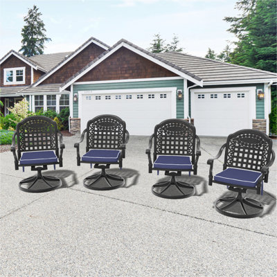 Chaise de patio pivotante en fonte d'aluminium 4 pièces avec structure et coussins noirs