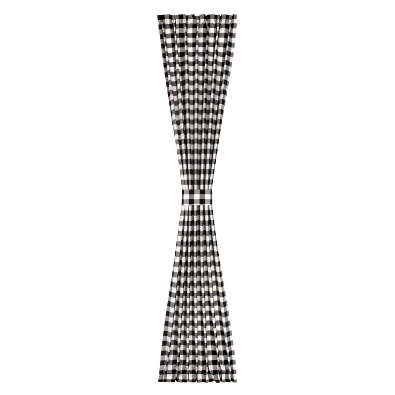 Janela Checkered Cotton Blend Indoor Semi-Seer Single Door Curtain Panel - Adjustable Tiebacks, Black/White, 50" W x 40" L