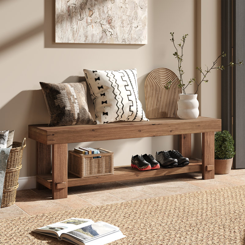 Banc en bois de sapin massif avec tablette de rangement Danard, L 51,2 po