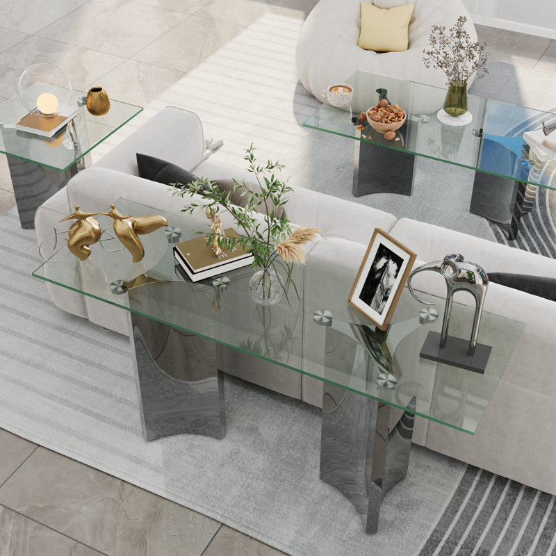 60 Inch Clear Glass Console Table Sofa Table With Mirrored Silver Geometric Base For Entryway Hallway Living Room