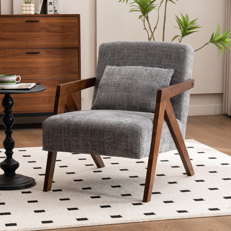 Juriana Mid Century Modern Upholstered Solid Wood Accent Armchair with an Extra Pillow, Grey Chenille