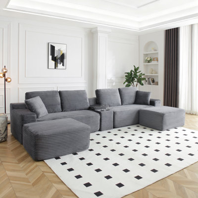 125'' Sectional Sofa with Ottomans, Deep Seat, L-Shape, Storage, Cup Holders and USB Ports