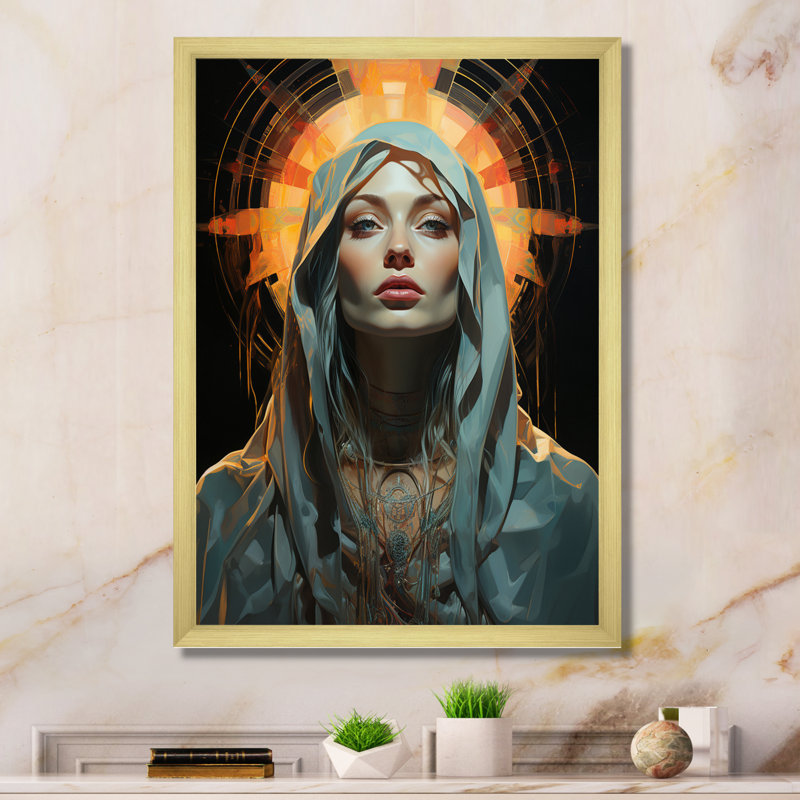 Portrait radiant de la Sainte Marie sur toile, H 40 po x l 30 po x P 1,5 po, Cadre doré à une seule photo