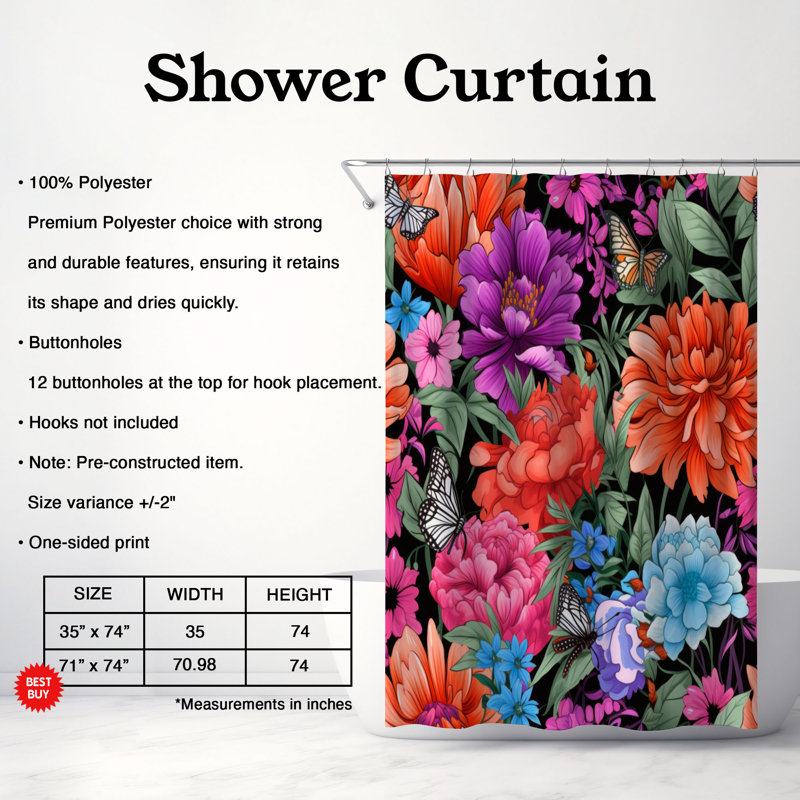 Flower Sanctuary - Rideau de douche Premium, H 74 po x l 71 po
