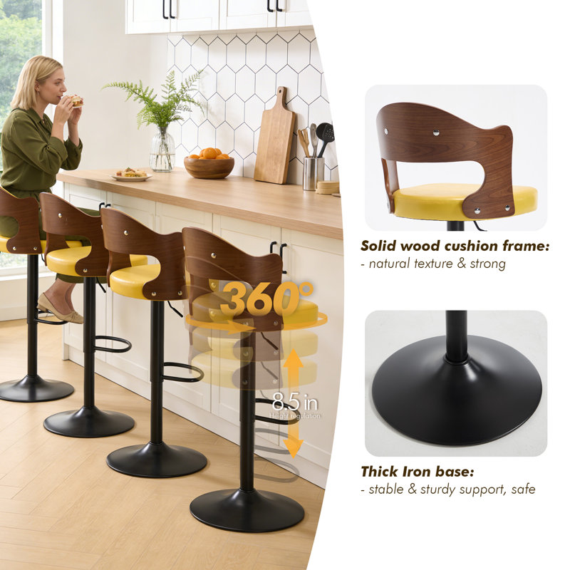 Ensemble de 4 tabourets de bar modernes pivotants, tabourets de bar rembourrés en cuir de polyuréthane avec dossier et repose-pieds, chaises de bar à hauteur de comptoir pour îlot de cuisine