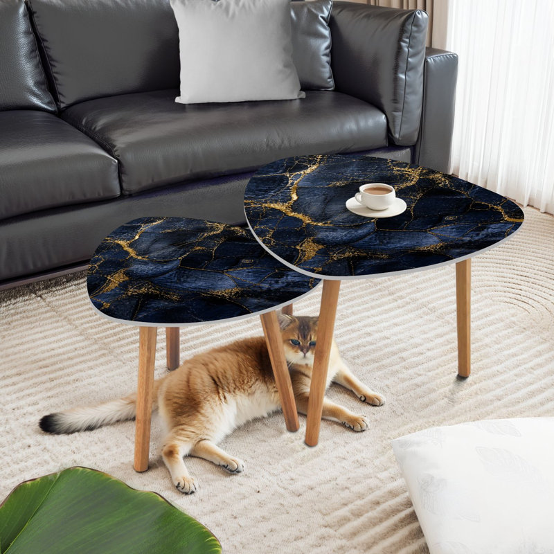 Ensemble de 2 tables d'appoint triangulaires en marbre bleu foncé et or, art abstrait, table de bout, table d'appoint minimaliste moderne pour salon, chambre à coucher