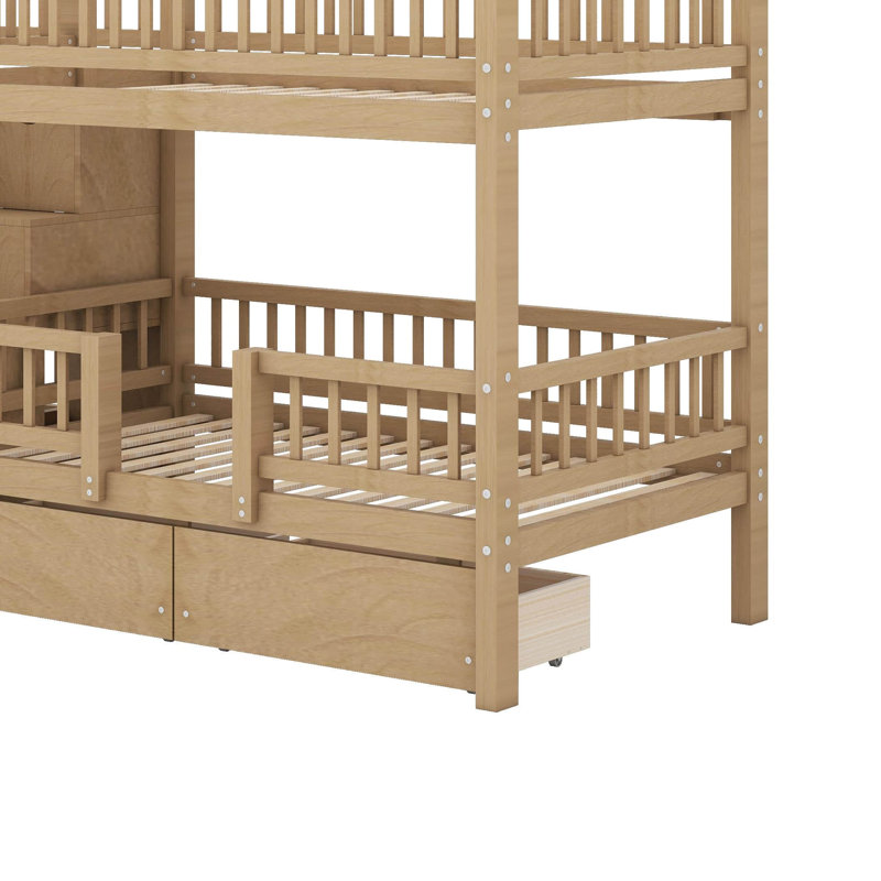 Lit superposé simple au-dessus de simple avec escalier de rangement, structure de lit superposé en bois massif avec glissière et 2 tiroirs