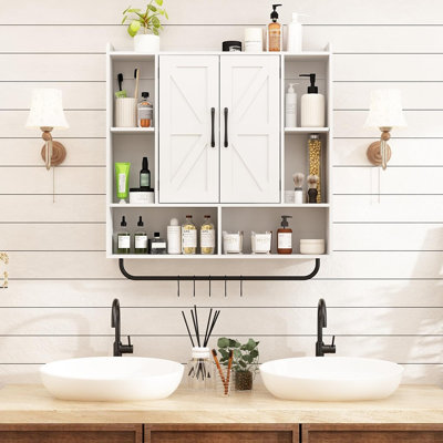 Rustic Wood Wall Bathroom Cabinet – White – Farmhouse Medicine Cabinet, Wall-Mounted, 2 Barn Doors, 3-Tier Adjustable Shelves, Space-Saving With Towel Bar
