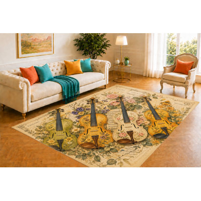 "Ultra Lightweight" 5' x 7' Antique Violin Collection Area Rug for Living Room, Soft Low Pile Carpet with Non-Slip Silicone Backing for Bedroom, Dining Room, Office, Kids and Pets