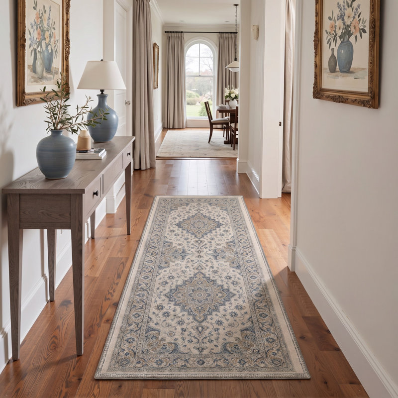 Tapis de couloir traditionnel gris/bleu oriental, performant, à poils courts, lavable et antidérapant