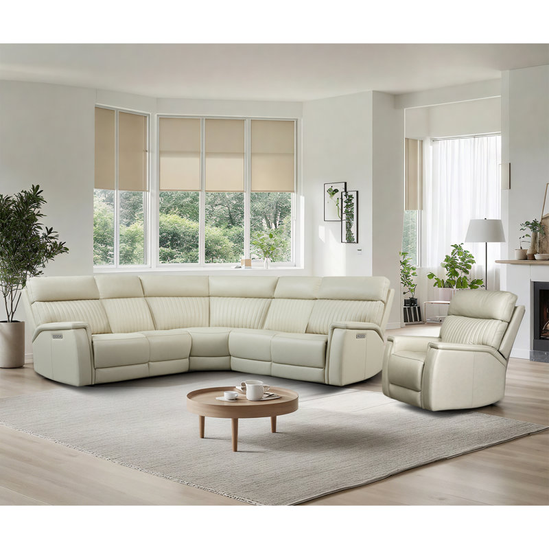 6 pièces, 2 fauteuils inclinables modulaires en cuir inclinables, appui-tête électrique et lombaire , Cuir véritable crème