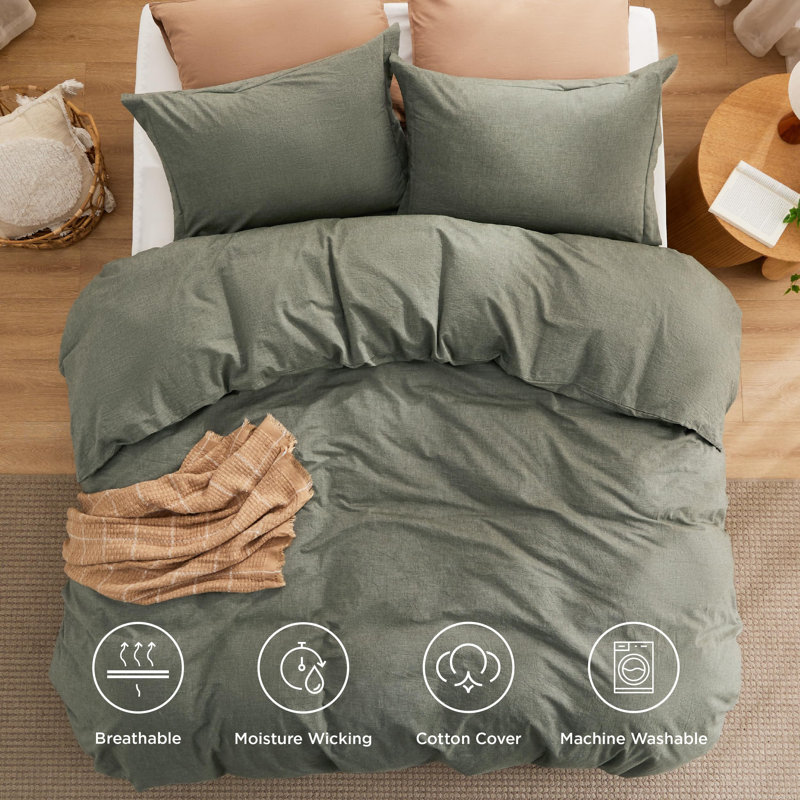 Ensemble d'édredon pré-lavé avec housse 100% coton, 143TC, Édredon très grand + 2 pièces supplémentaires, Bronze / vert