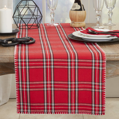 Red Holiday Plaid Whipstitched Flange Cotton Table Runner 16" W X 72" L