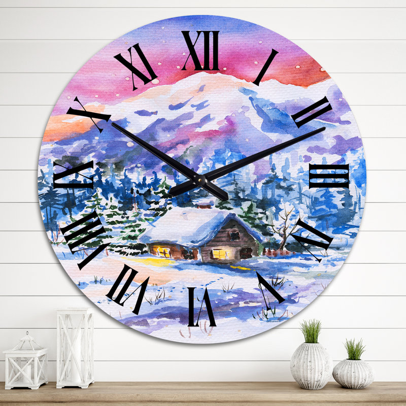 Petite maison enneigée dans un paysage d'hiver - horloge murale champêtre, Moyen