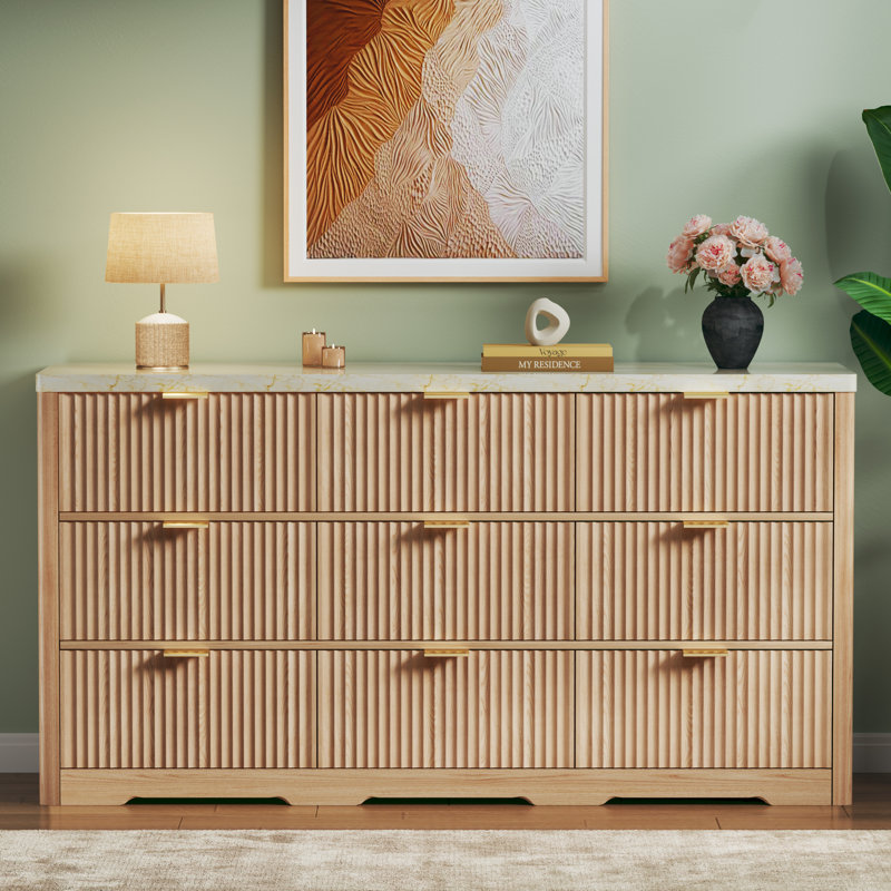 Commode 9 tiroirs cannelée, grande commode en bois