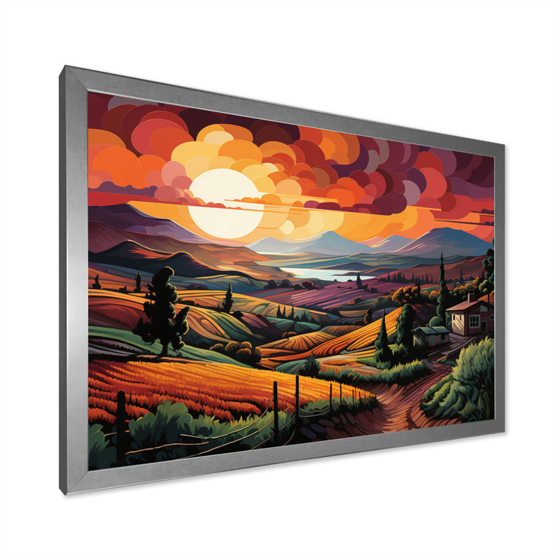«Vineyard Sunset Rows Of Ruby Landscape III», reproduction sur toile, H 16 po x l 32 po x P 1 po, Cadre photo argenté