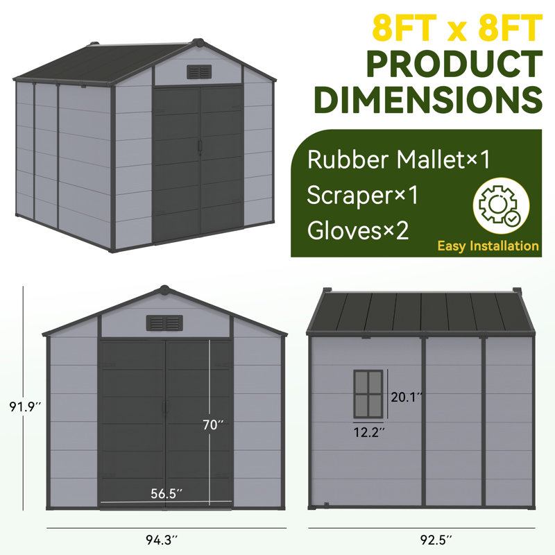 8X8 FT Outdoor Storage Shed, Weather-Resistant Shed With Lockable Double Doors & Built-In Floor, Sloped Roof Outdoor Shed For Backyard, Patio & Lawn, Gray