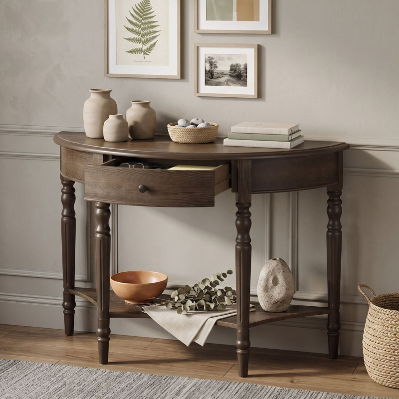 Console demi-lune de style champêtre avec tiroir et tablette inférieure pour entrée