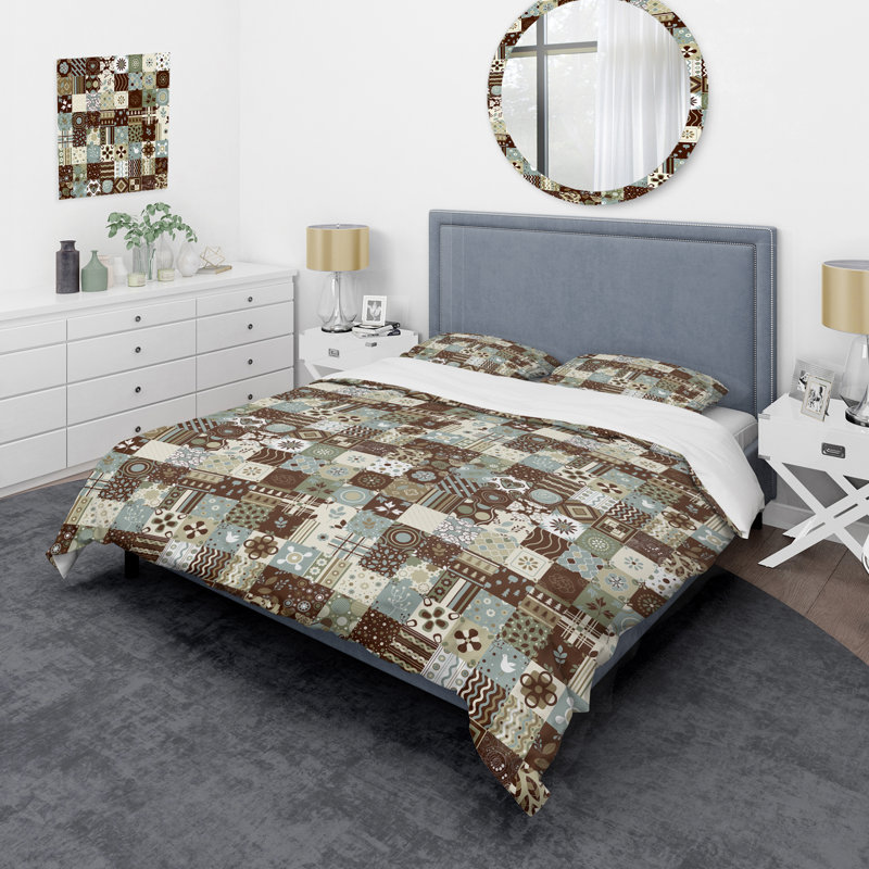 Ensemble de housse de couette à motif patchwork ornement brun, Housse de couette pour très grand lit et 2 très