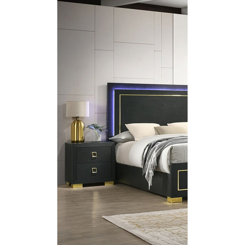 Table de chevet transitionnelle noire à 2 tiroirs avec glissière centrale, finition en papier et poignées carrées, idéale pour les tiroirs de chevet de style contemporain Refresh de la chambre à coucher, garniture dorée Glide, anglais