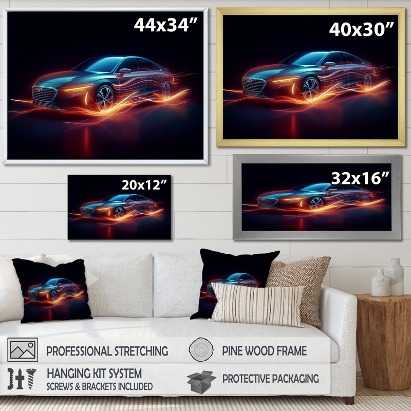 «Neon Light Strips Luxury Car On», reproduction sur toile, Cadre flottant noir, H 30 po x l 40 po x P 1,5 po