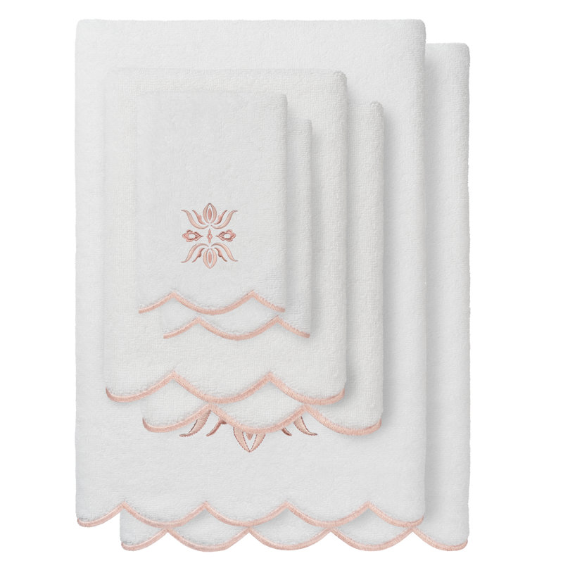  100% Turkish Cotton FLOWER CREST Scallop 6PC Embellished Towel Set, 6 Piece Towel Set, White/Pink