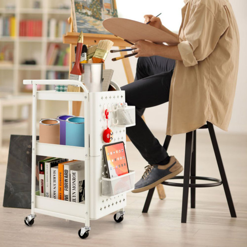 White Powder-Coated Carbon Steel 3-Tier Utility Storage Cart with Pegboard Baskets