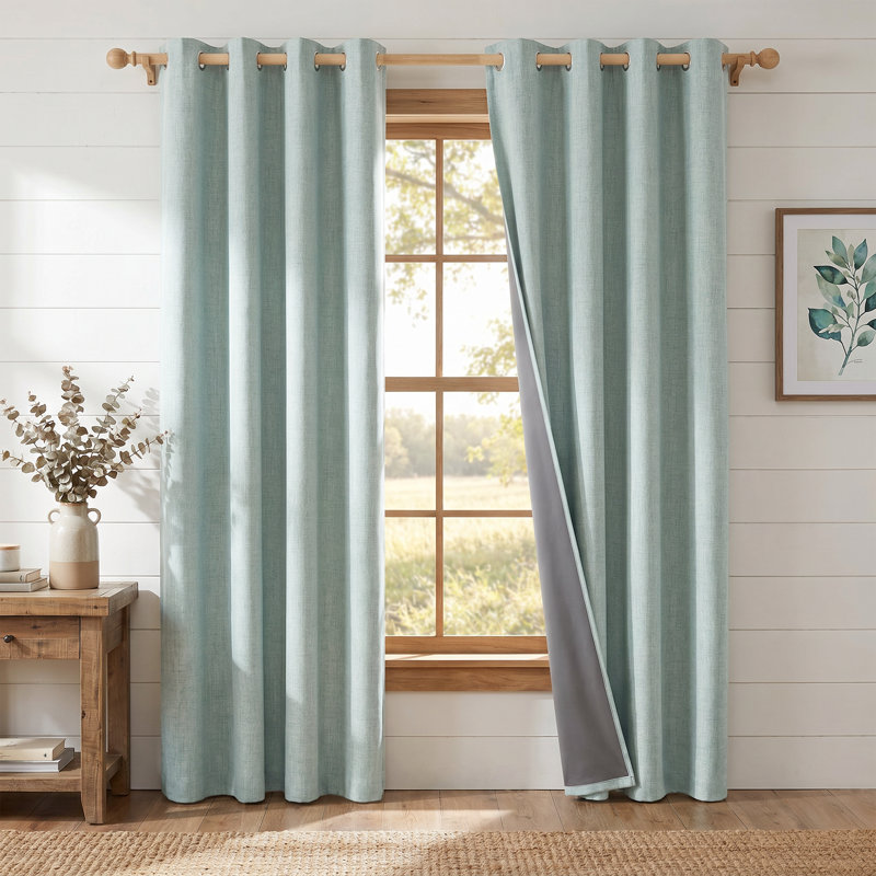 100% Blackout Linen Curtains for Bedroom, Burlap Linen Drapes with Thermal Insulated Grey Liner Grommet Noise Reducing Window Panels for Living room, 2 Panels