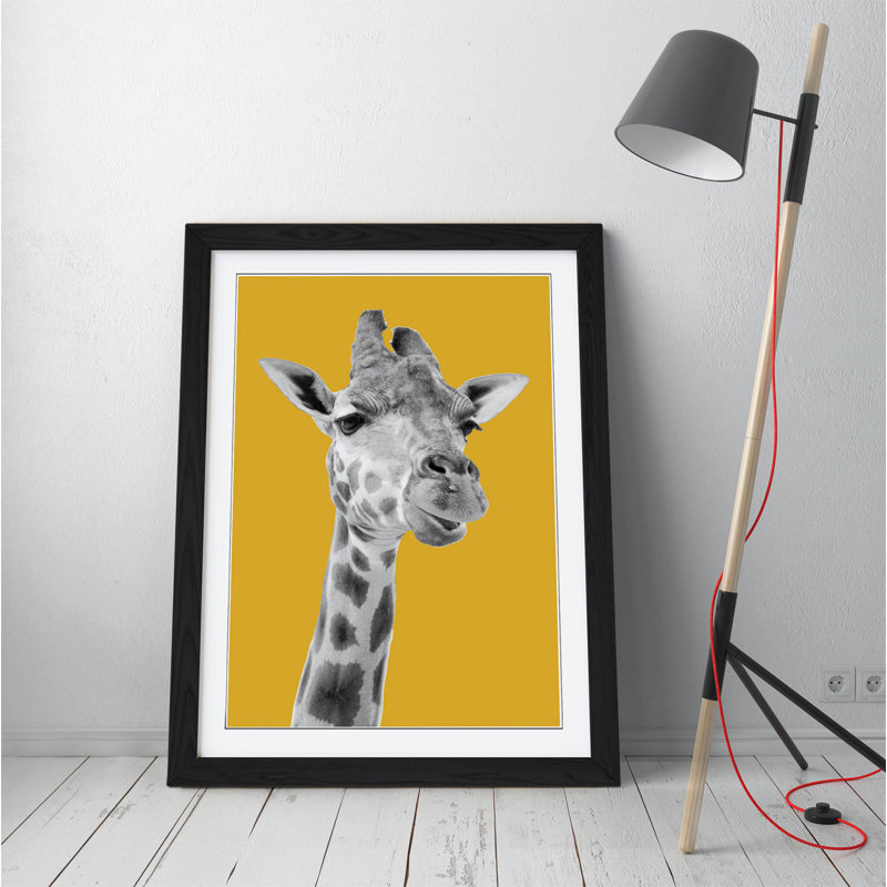 Giraffe - Print on Canvas, Black Framed, 89cm H x 64cm W x 2cm D, White/Yellow Mustard