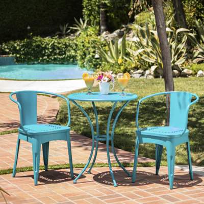 Extérieur sarcelle 3 pièces en métal Kd - Mobilier en fer thermolaqué avec table et chaises thermolaquées