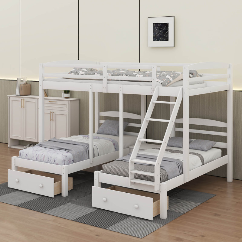 Wooden Triple Bunk Bed With 2 Storage Drawers, Ladder And Guardrails, No Box Spring Needed