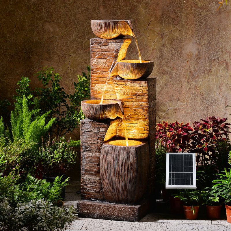38.2" Tall Water Fountain Outdoor Garden,4 Tiers Modern Cascading Bowls And Stacked Stones Indoor Fountains With Led Lights For Patio, Deck, Porch, Backyard And Home Art Decor(reddish-brown