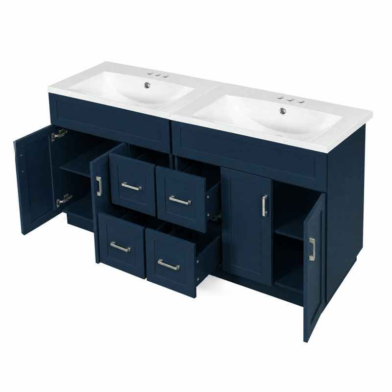 Meuble-lavabo avec 4 portes d'armoire, 4 tiroirs et 2 tablettes réglables, Blue