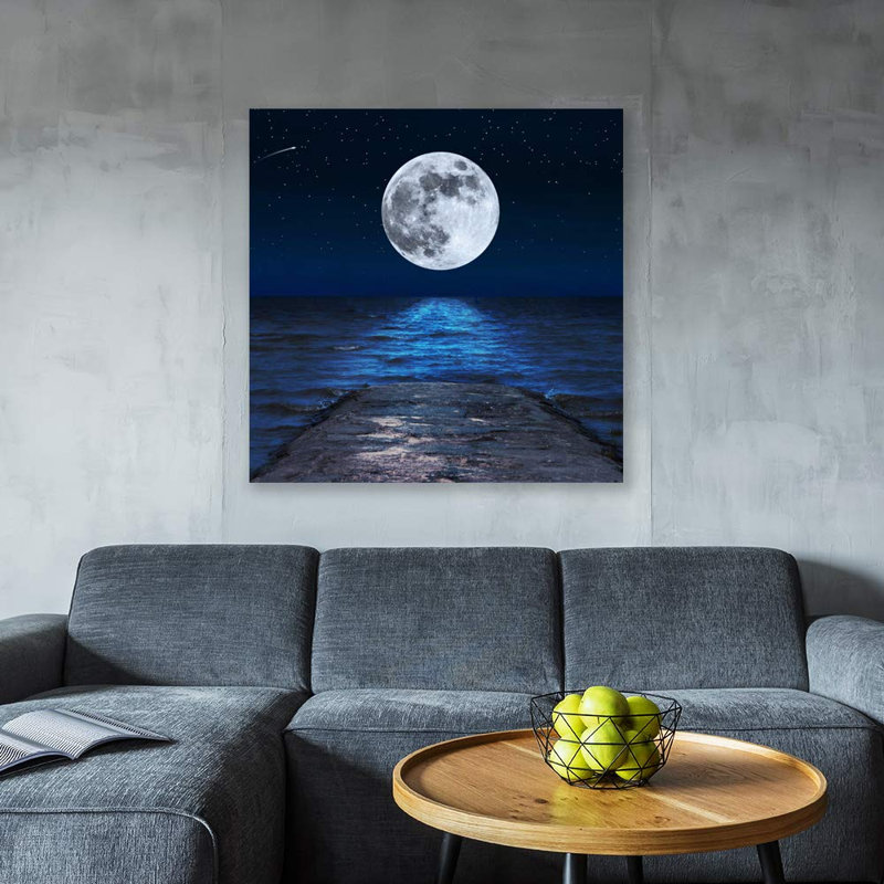 Lune illuminant l'océan bleu X02 sur toile, H 12 po x l 12 po x P 1,5 po