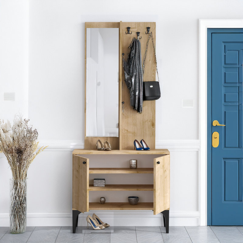Hall Tree 35.4'' Wide With Mirror, Cabinet And 6 Hooks